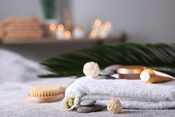 istock Beautiful spa composition of towels and spa accessories 1285969168