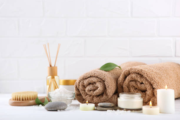istock Beautiful spa composition of towels and spa accessories 1285969171