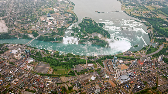 Aerial view of Niagara Falls and Bridal Veil Falls with city, Toronto, Ontario, Canada.
