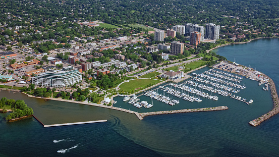 Aerial view of boats moored in Bronte Outer Harbour Marina, Oakville, Ontario, Canada.