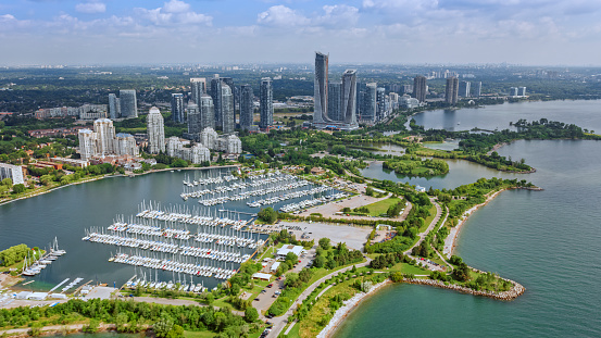 Aerial view of Colonel Sam Smith Park and harbour with Condominium towers in background, Etobicoke, Toronto, Ontario, Canada.
