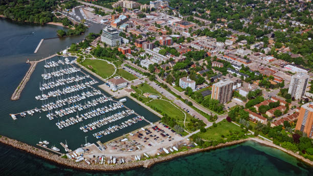Aerial view of boats moored in Bronte Outer Harbour Marina, Oakville, Ontario, Canada.