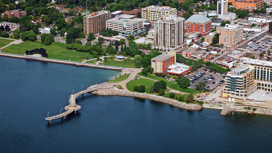 Aerial view of Burlington city with Brant Street Pier and Ontario Lake, Toronto, Ontario, Canada.