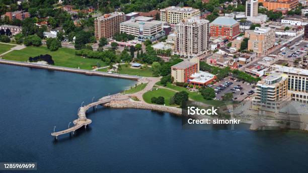 View Of Brant Street Pier With City Stock Photo - Download Image Now - Burlington - Ontario, Ontario - Canada, Canada