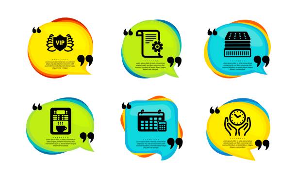 Calendar, Deluxe mattress and Technical documentation icons set. Vector Calendar, Deluxe mattress and Technical documentation icons simple set. Speech bubble with quotes. Coffee maker, Vip security and Safe time signs. Calculator device, Sleeping pad, Manual. Vector luxury coffee machine stock illustrations