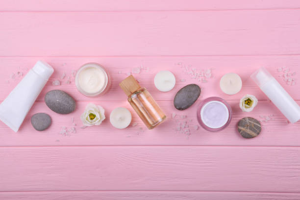 istock Beautiful spa composition on a colored background top view 1285971102
