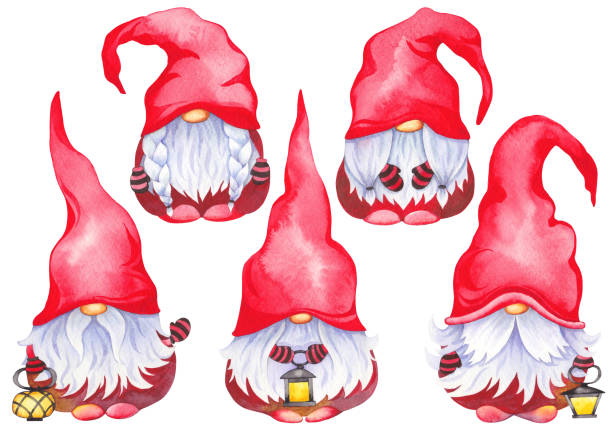 Set of Scandinavian Christmas Gnomes with lamps. Set of Scandinavian Christmas Gnomes with lamps. Watercolor illustration isolated on white background. watercolor lantern set stock illustrations