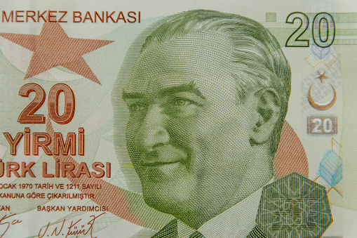 Macro shot of the twenty turkish lira banknote