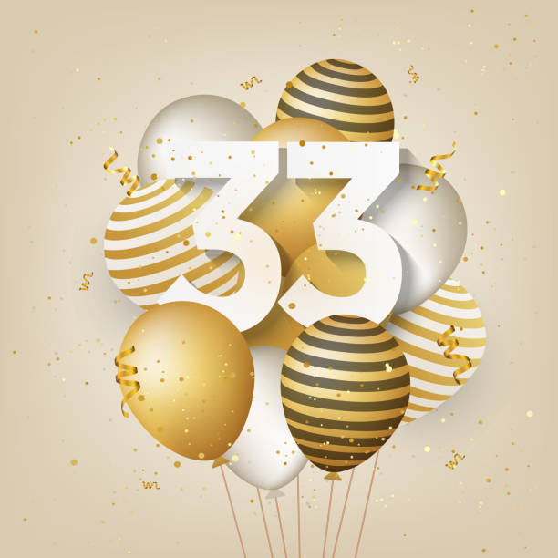 Happy 33th birthday with gold balloons greeting card background. Happy 33th birthday with gold balloons greeting card background. 33 years anniversary. 33th celebrating with confetti. Vector stock number 33 stock illustrations
