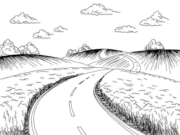 istock Rural road graphic black white landscape sketch illustration vector 1285975518