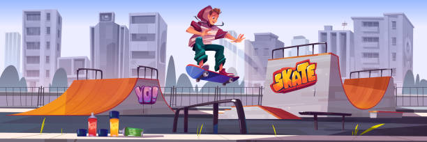 stockillustraties, clipart, cartoons en iconen met skate park met jongen die op skateboard berijdt - skateboardpark