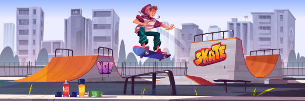 ilustrações de stock, clip art, desenhos animados e ícones de skate park with boy riding on skateboard - skateboard park ramp skateboard graffiti