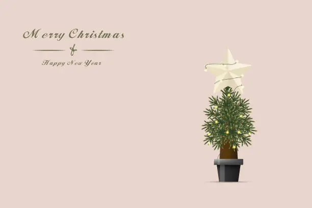 Vector illustration of Christmas tree with lights decorated beautifully in gray pot and five-pointed star shape on top with text Merry Christmas and Happy New Year isolated on pale pink background.