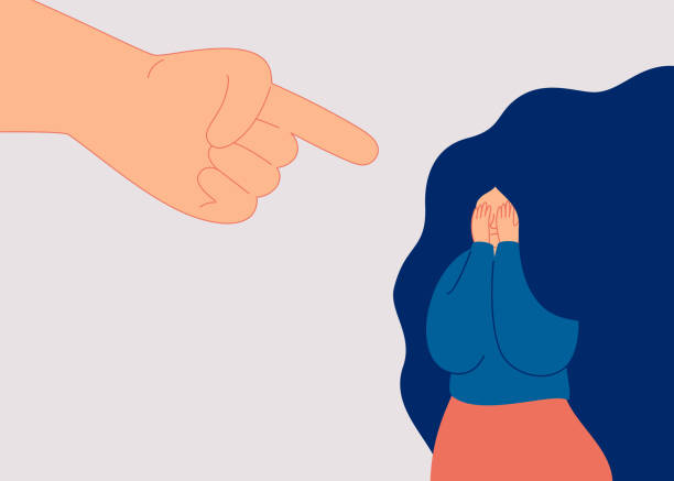 ilustrações de stock, clip art, desenhos animados e ícones de guilty woman closes her face with arms from big index finger is being pointed at her. concept of bullying of female and mental health problems. - behavior women anger pointing