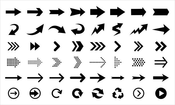 Black flat arrows and direction pointers in set Black arrows and pointers showing direction, isolated on white background. Big vector set of navigation elements. arrow symbol stock illustrations