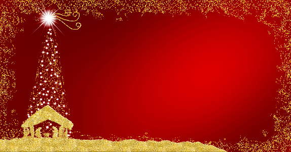 Christmas Nativity Scene greetings cards, abstract freehand drawing of Nativity scene and Christmas fir tree with golden glitter, red  background with copy space. Panoramic format.