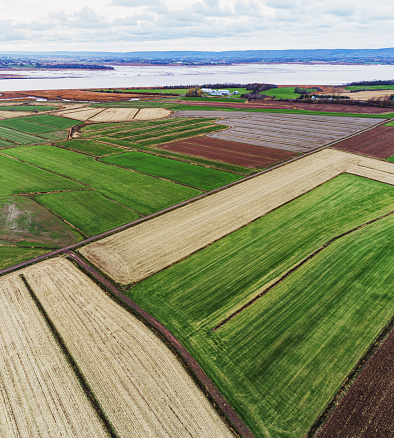 Aerial drone view of farmland on a November afternoon.