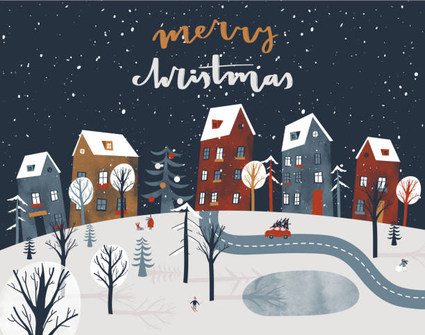 Merry Christmas vector illustration. Snow covered little town. vector art illustration