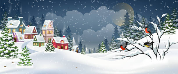 Christmas village and bullfinches Winter Christmas landscape with village houses covered with snow in a pine forest and bullfinches on a branch ukrainian village stock illustrations