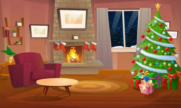 Vector illustration of Decorated Christmas room. Winter holiday interior with armchair near fireplace and Christmas tree. Fireplace and garlands, holidays, home, interior. Cozy house with a chimney fire. Vector illustration