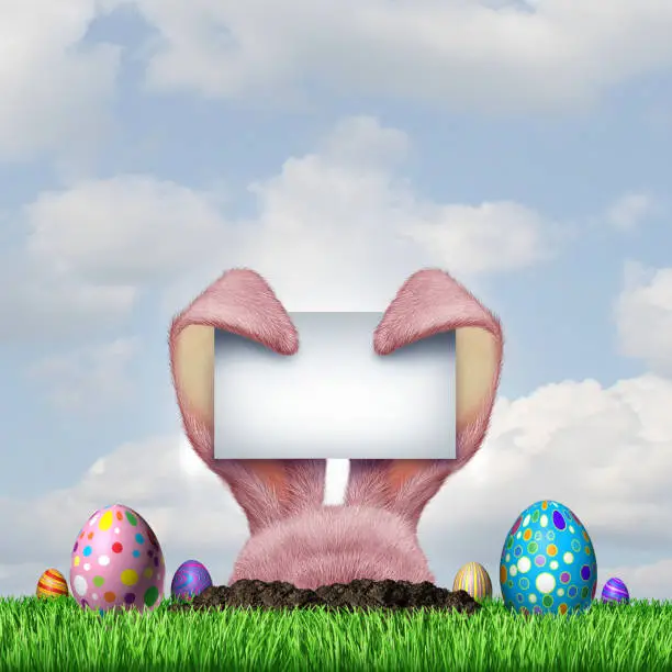 Easter bunny egg hunt blank sign and happy spring holiday as a funny april celebration with decorated eggs on grass as a 3D illustration.