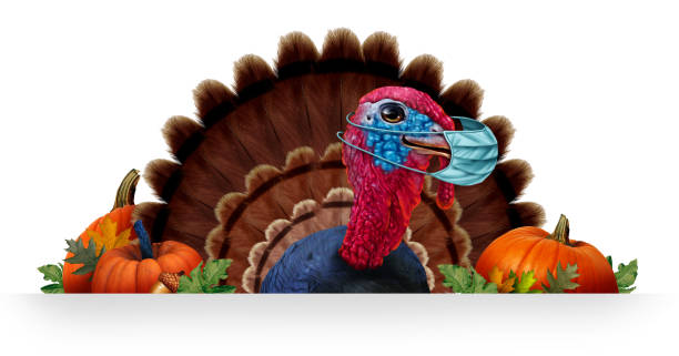 Thanksgiving Health Thanksgiving health and healthy seasonal autumn banner sign with a turkey tom or gobbler wearing a face mask and surgical facial protection for disease protection during a holiday with 3D illustration elements. thanksgiving holiday covid stock pictures, royalty-free photos & images