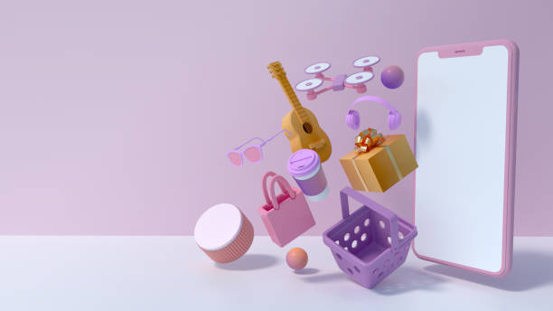 istock 3d rendering of phone mockup and Shopping basket. 1285990306