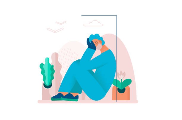 Tired overworked doctor or nurses sitting on the windowsill. Exhausted Healthcare worker. Tired overworked doctor or nurses sitting on the windowsill. Exhausted Healthcare worker. Coronavirus pandemic, Covid-19 quarantine. burnout stock illustrations