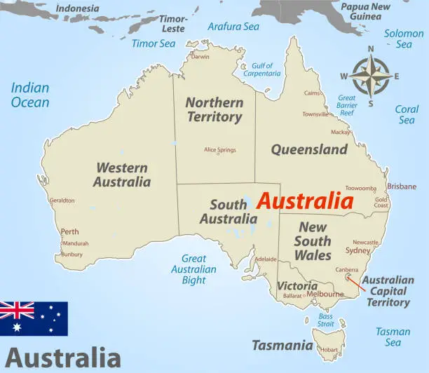 Vector illustration of Australia with named states and territories