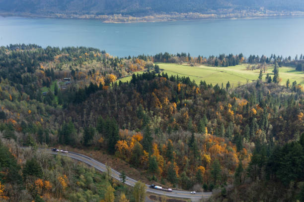 A view of highway 14 in Washington. At the top of the frame is the Columbia River. This photo was taken from the top of The Columbia River Gorge looking downwards.