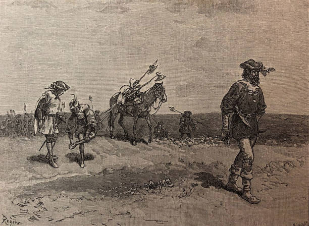 ilustracja antyczna - alva nunez cabeza de vaca przecinająca wielką amerykańską pustynię - szlak santa fe - santa fe trail stock illustrations