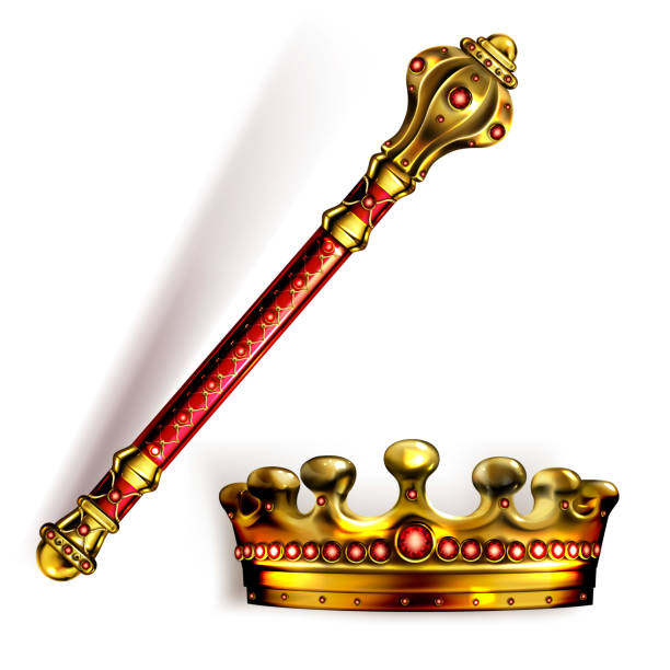 Golden scepter and crown for king or queen vector Golden scepter and crown for king or queen, royal wand and corona with red gems for Monarch. Gold monarchy emperor symbols, imperial coronation headwear, rod or mace, Realistic 3d vector illustration sceptre stock illustrations