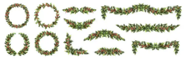 Vector illustration of Big set of Christmas fir garlands with red berries and cones.