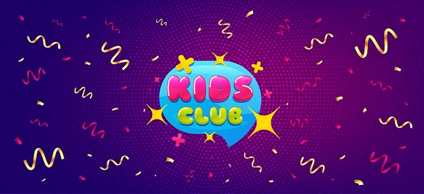 Kids club banner. Festive confetti background with offer message. Fun playing zone sticker. Children games party area icon. Best advertising confetti banner. Kids club badge shape. Vector