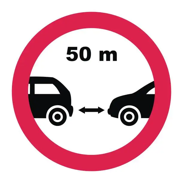 Vector illustration of safe minimum distance between their vehicles as 50 meters, road sign, eps.