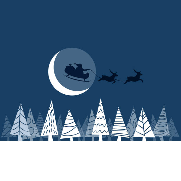 weihnachtsmann und sein schlitten auf weihnachtsmond - christmas tree christmas blue night stock-grafiken, -clipart, -cartoons und -symbole