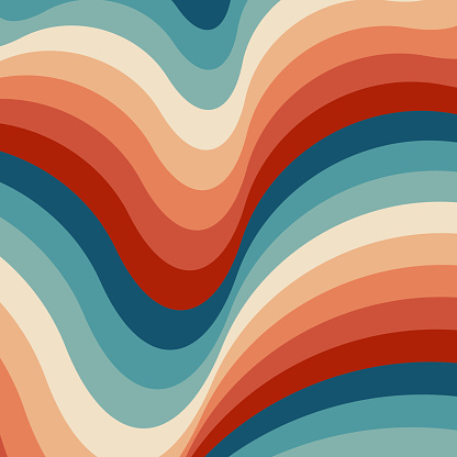 Twisted rainbow flag wave. Retrowave 80s art retro rainbow vector illustration. Abstract rainbow lgbt flag background, turquoise and orange retro colors 1970s.