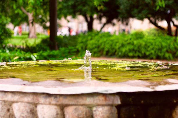 This fountains and garden pond in a public park invite you to relax
