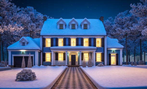 representación en 3d de la casa clásica moderna en estilo colonial en la noche de invierno - house residential structure colonial style landscape fotografías e imágenes de stock
