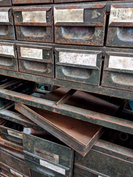istock Industrial Cabinet Drawers All Rusty in an Engineers Workshop 1286006946