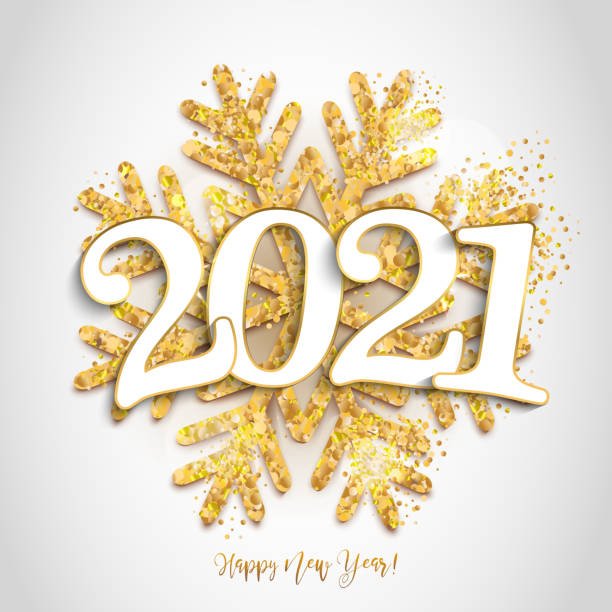 istock Happy new year design white background with 2021 and shining gold snowflake. Vector illustration 1286007468