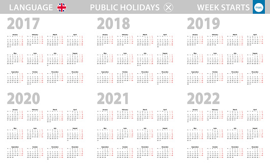 Calendar in English language for year 2017, 2018, 2019, 2020, 2021, 2022. Week starts from Monday. Vector calendar.
