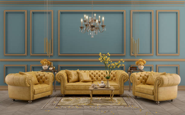 istock Modern classic blue and yellow interior with yellow leather sofa,table,lamp,wood floor,mouldings.3d rendering 1286010904