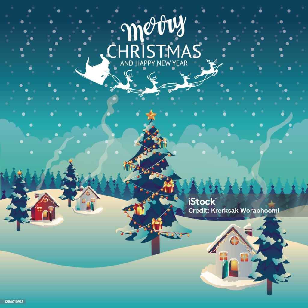 Ilustración de Personajes De Navidad Y Feliz Año Nuevo Como Santa Claus  Regalo Con Árbol De Saludo Feliz Navidad En Fondos Azules Pino Luna Llena  Ilustración Vectorial y más Vectores Libres de