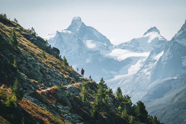 istock Senior man races along a trail in the mountains 1286011987