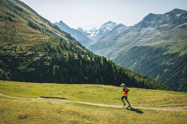 istock Senior man races along a trail in the mountains 1286012056