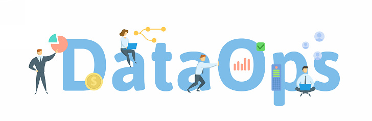 DataOps, process-oriented methodology, used by analytic and data teams. Concept with keywords, people and icons. Flat vector illustration. Isolated on white background.