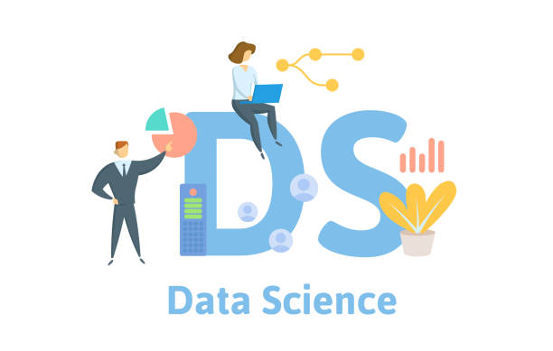 illustrazioni stock, clip art, cartoni animati e icone di tendenza di ds, data science o sistema di distribuzione. concetto con parole chiave, persone e icone. illustrazione vettoriale piatta. isolato sul bianco. - sigle object