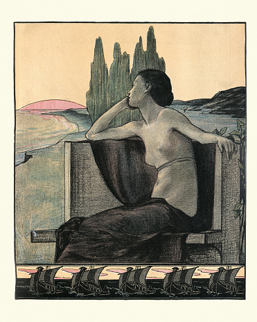 Vintage illustration of Portrait of a Young woman looking out to sea
