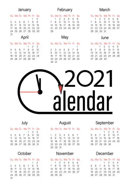 Vector illustration of Calendar 2021. Vector clock. Time running. Laconic design calendar with clock. Week starts on Sunday